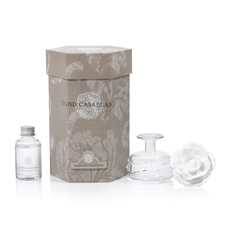 Zodax Grand Casablanca Porcelain Oil Diffuser - Home Fragrance Oil Diffuser Ideal for Living Room, Bathroom, Office - Flower Design - Gift Box Packaging Included - Tahitian Gardenia - 1.69 Oz. - Image 2